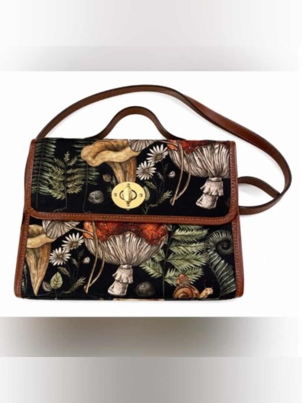 Floral Mushroom Print Top-Handle Bag Shoulder Purse in Black and Brown